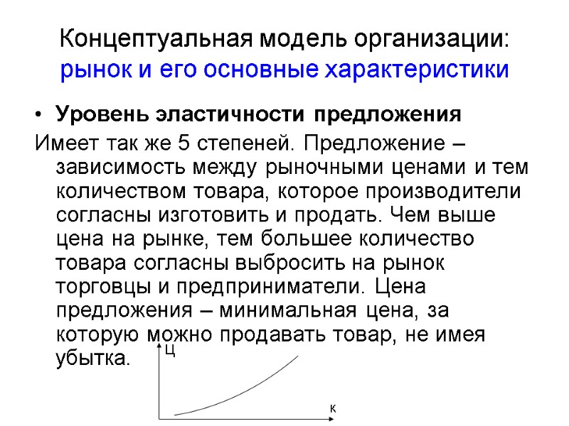 Концептуальная модель организации: рынок и его основные характеристики Уровень эластичности предложения Имеет так же